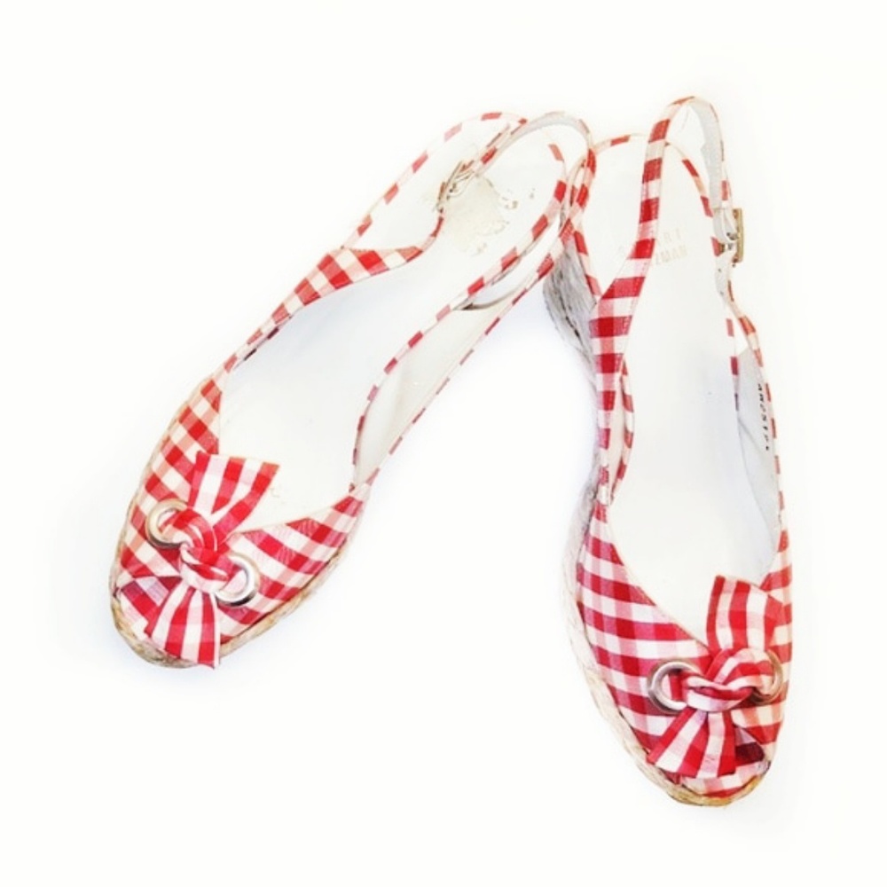 STUART WEITZMAN Red Gingham Jute Wedges